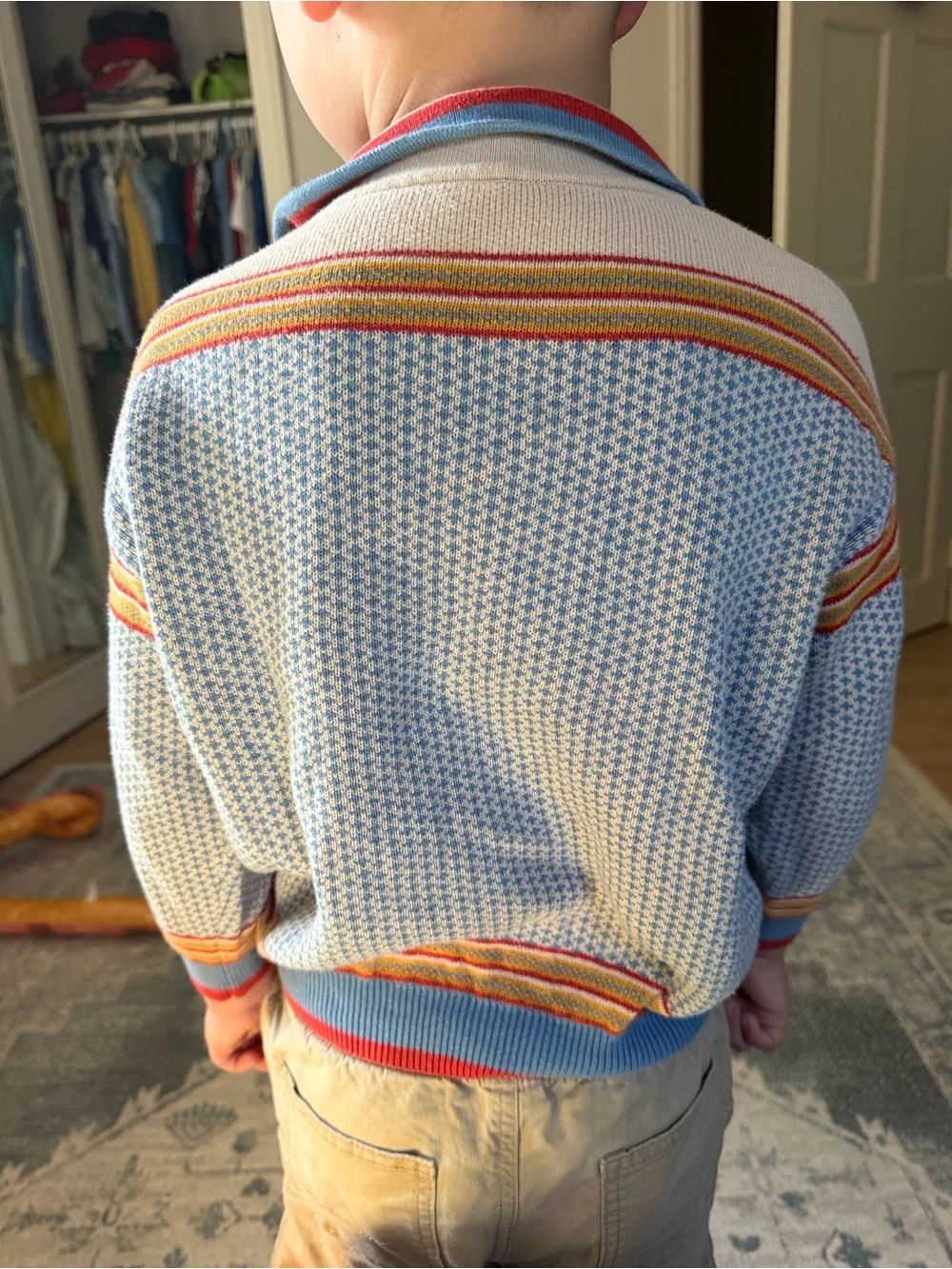 Kids Light Blue Patterned Knit Polo Sweater with Cream Collar